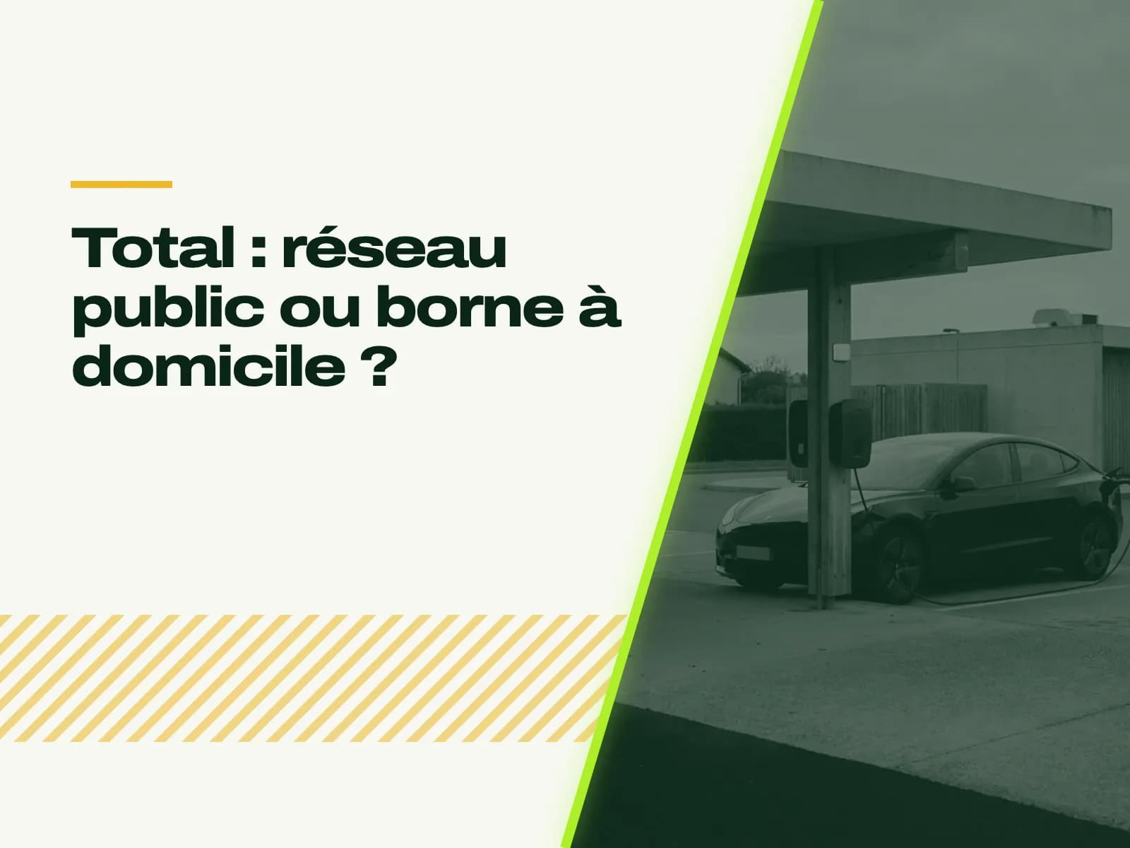 Le titre de l’article affiché face à la photo : auvent de béton sur une aire de recharge, une borne fixée à son pilier, une berline électrique sombre sans logo en charge.