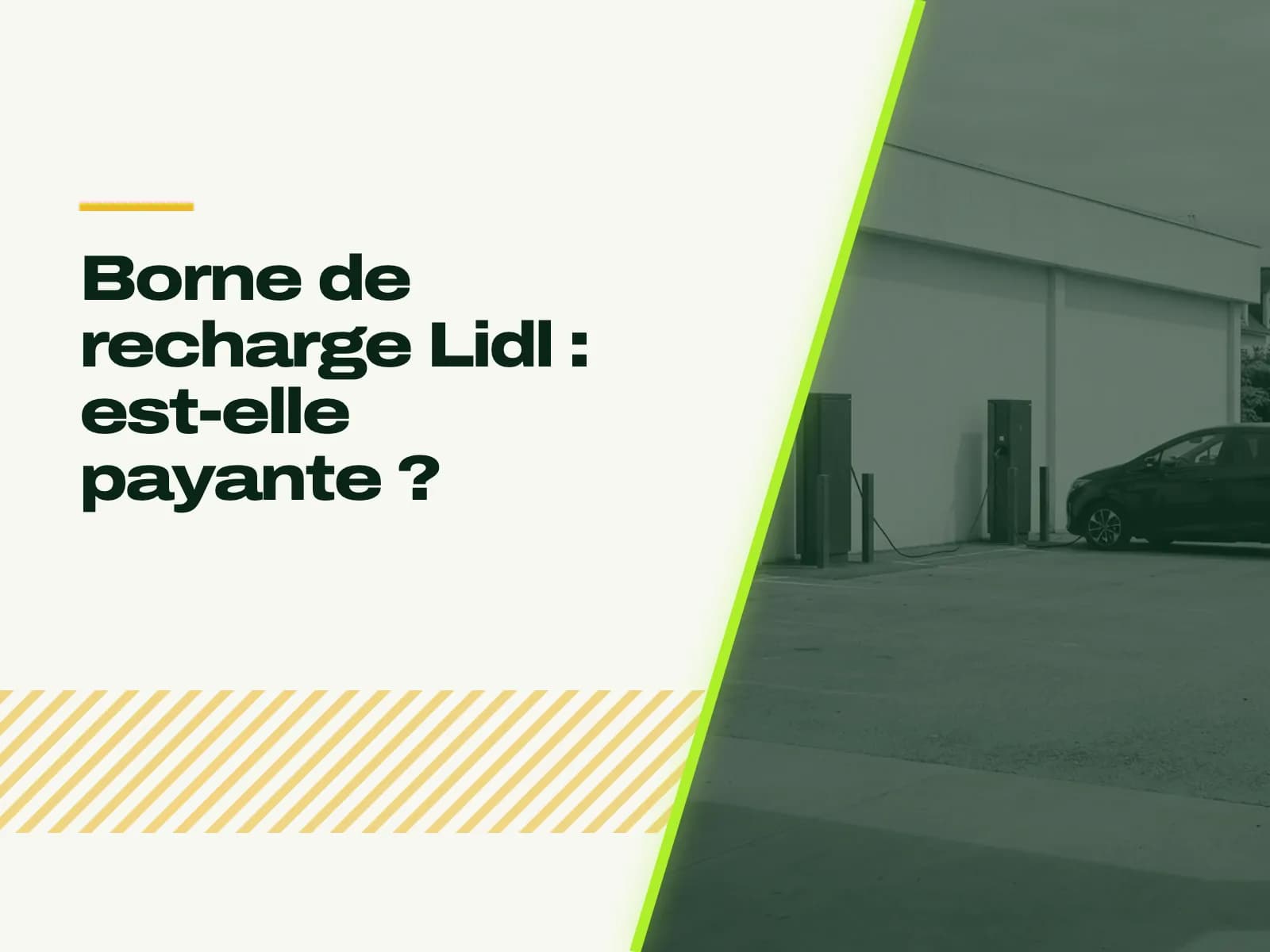 Le titre de l’article affiché face à la photo : parking d’un supermarché, bâtiment bas sans enseigne, deux bornes publiques en bordure, une petite voiture électrique garée.