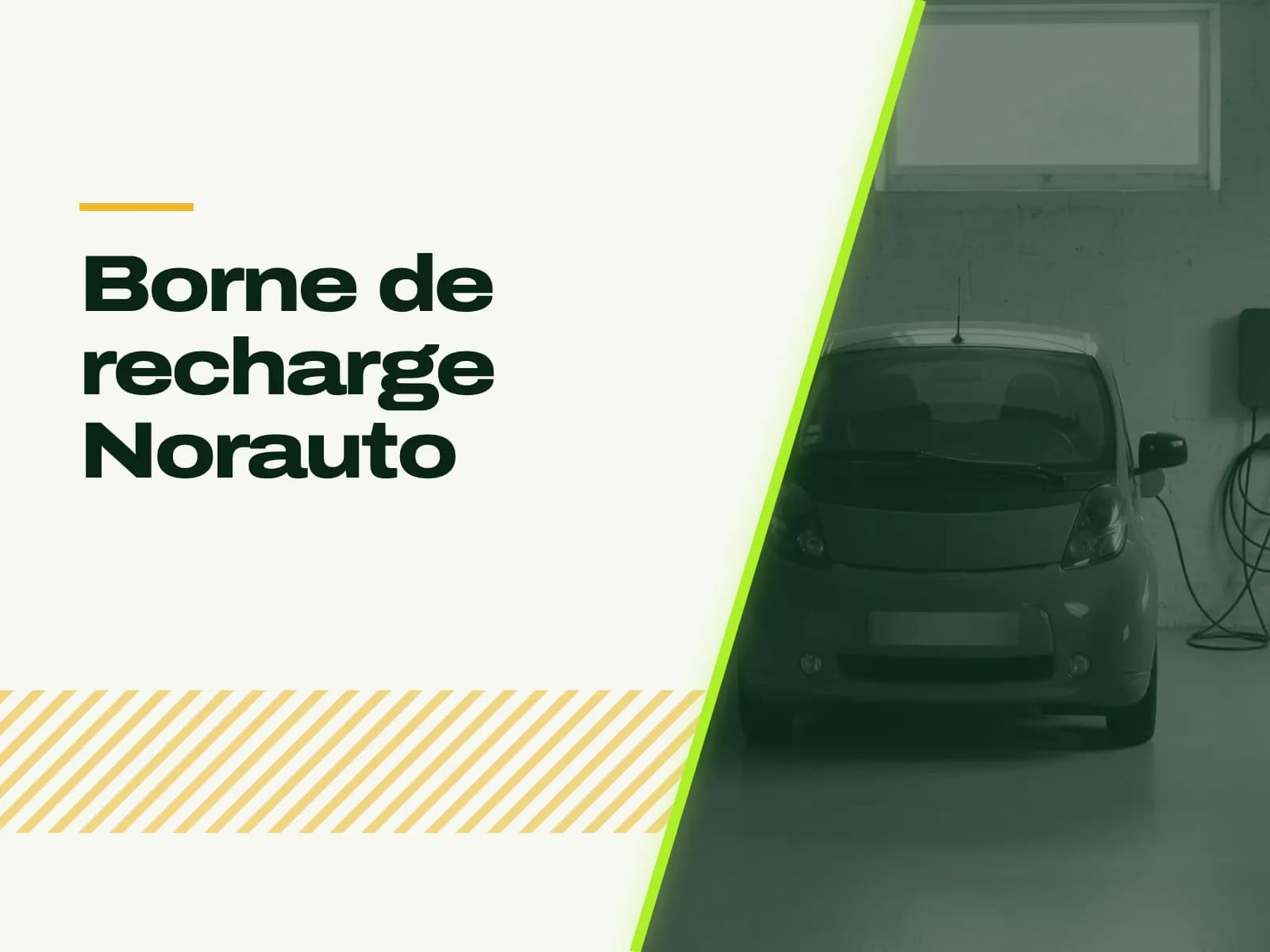Le titre de l’article affiché face à la photo : atelier d’entretien automobile au sol gris, une petite voiture électrique à l’arrêt, une borne murale au mur du fond, lumière du jour par une fenêtre haute.