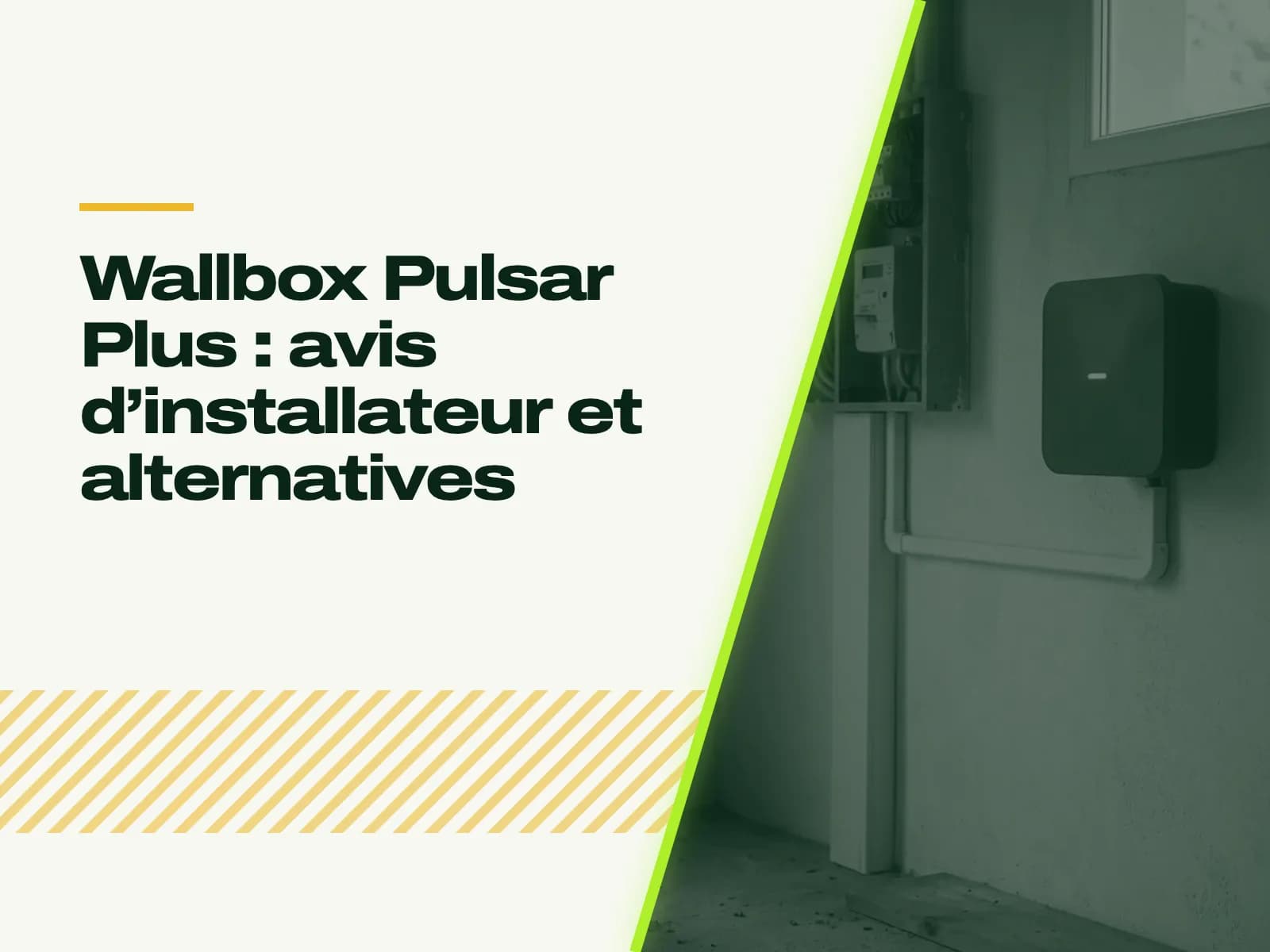 Le titre de l’article affiché face à la photo : petite borne murale carrée sur un mur de garage clair, reliée par une goulotte blanche au tableau électrique.