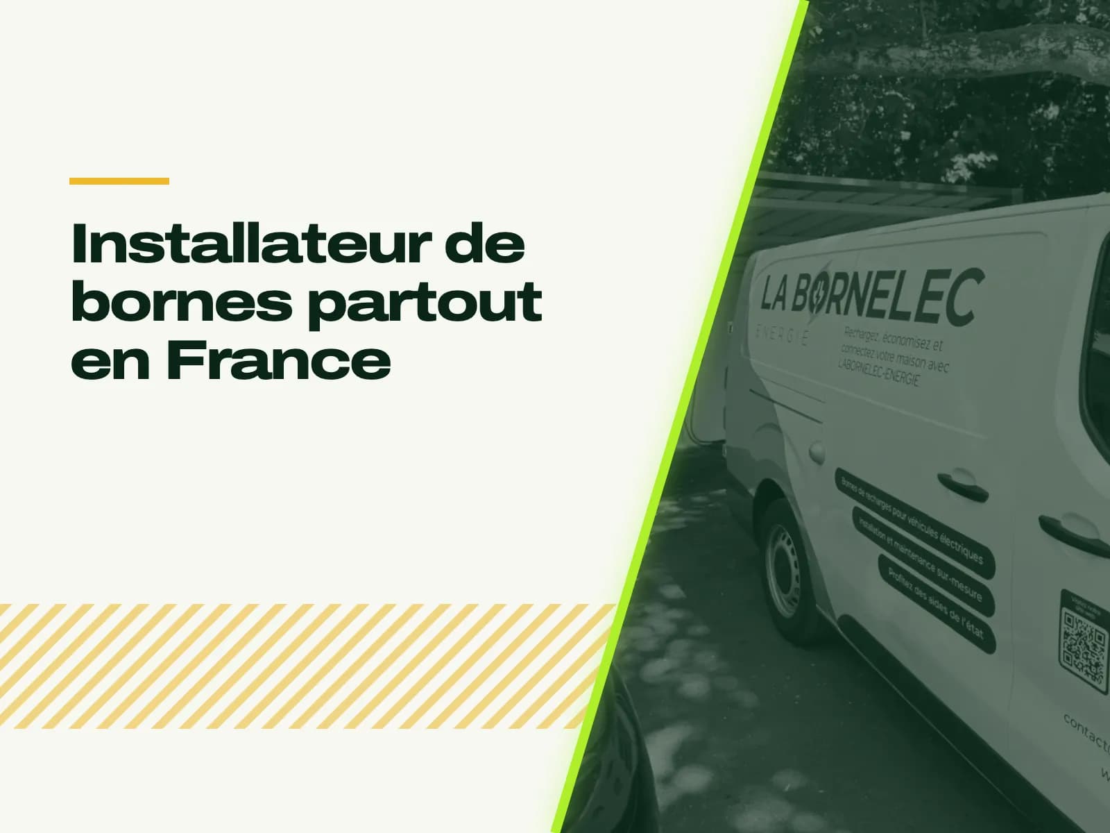 Le titre de l’article affiché face à la photo : fourgon LABORNELEC-ÉNERGIE garé à l’ombre, logo et QR code sur son flanc.