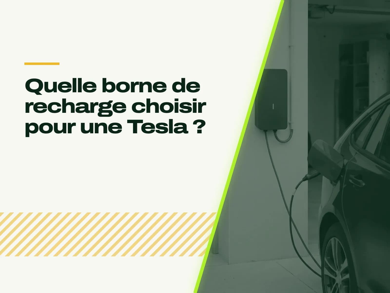 Le titre de l’article affiché face à la photo : garage moderne, borne murale au câble fin branchée sur une berline électrique sombre sans logo, vue de trois quarts arrière.