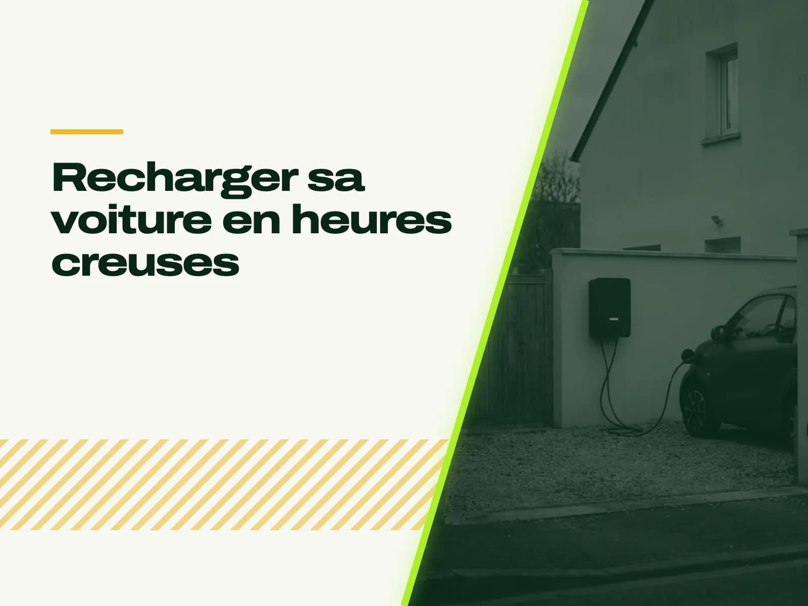 Le titre de l’article affiché face à la photo : allée d’une maison au crépuscule, une borne murale sur un muret, une voiture électrique branchée sur le gravier.