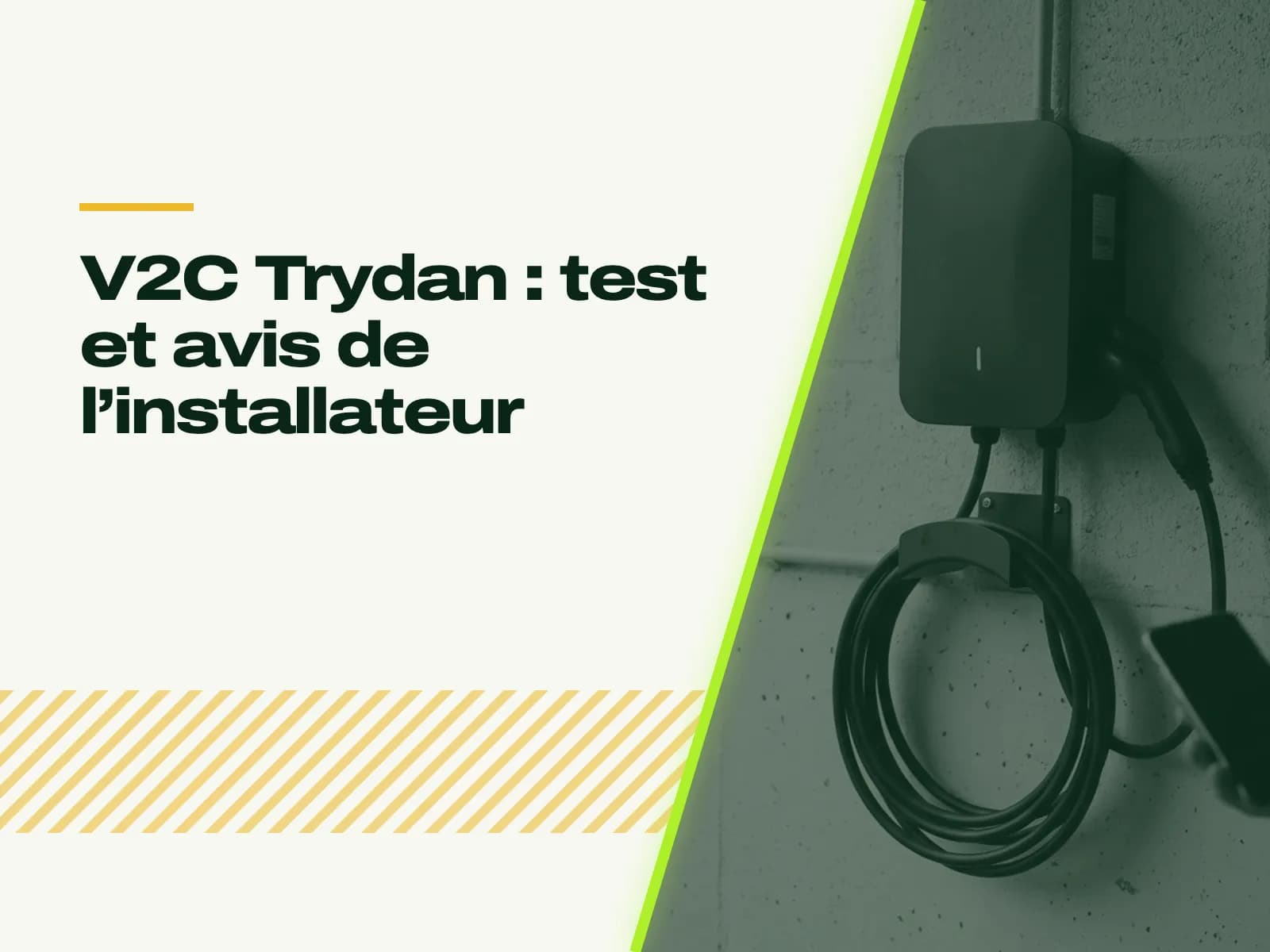 Le titre de l’article affiché face à la photo : borne murale sombre, câble Type 2 enroulé sur son support, fixée sur un mur de parpaing clair ; un téléphone éteint entre par le bord du cadre.